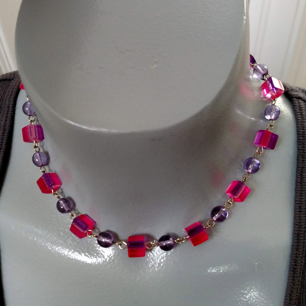 Vintage purple pink beaded choker necklace